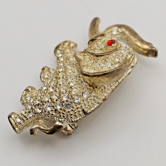 Vintage Rhinestone Elephant Brooch AD 2001 Red Eye Gold Tone Trunk Up Tusk Pin - Picture 4 of 11